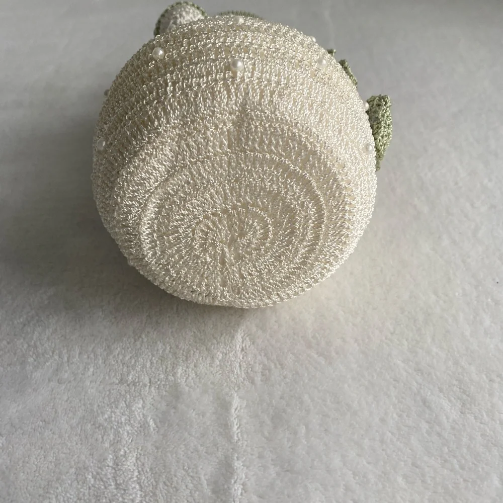 Delicate Crochet Snowman Figurine Cream White Green Pearls Victorian‎ Christmas